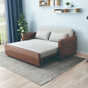 <b>Sofa</b> <b>Bed</b> Solid Wood Convertible Extendable Foldable With Storage For <b>Small</b> Apartments Double Size Natural Walnut Color - Product Image 1