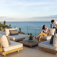 Ensemble de canapés d'extérieur de qualité commerciale en teck moderne de luxe, résistant aux intempéries, pour hôtel, jardin, terrasse