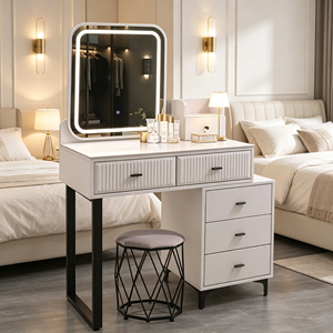 Modern <b>Makeup</b> <b>Vanity</b> With Lighted <b>Mirror</b> Storage Drawers Bedroom Dressing Table With Stool - Product Image 6