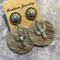Boucles d'oreilles pendantes en alliage style western bohème en cuir imprimé vache, avec incrustations de cactus et turquoise, bijoux d'oreille vintage pour femme
