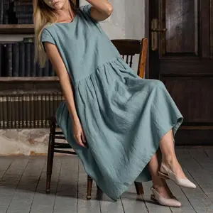 OEM Loose Waist Solid Crew Neck Summer Short Sleeve Women Casual High Quality Linen Cotton Maxi Long Dress Plus Size With Pocket