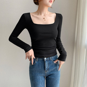 Haut court pour femme en maille respirante, coupe ajustée, col rond, manches longues, 95% coton 5% élasthanne, style streetwear uni - Product Image 6