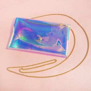 Bag Women Custom Gold Chain Transparent Holographic Clear Makeup Clutch Cosmetic Pouch Pvc Plastic Shoulder Sling Crossbody Bag For Women