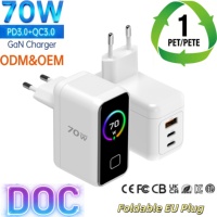 Chargeur mural portable 70W GaN USB-C à charge rapide 2C1A avec écran TFT pour iPad, tablette, iPhone, Samsung, prise EU pliable