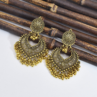 Boucles d'oreilles pendantes ethniques bohèmes style Bollywood, en alliage de zinc oxydé, argentées, avec pampilles afghanes et fleurs, type Jhumka, pour soirée, inspirées de l'Inde