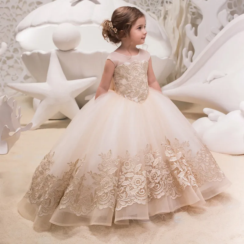 Vestido infantil de festa infantil, vestido de festa de casamento, vestido longo champanhe, vestido de princesa tule