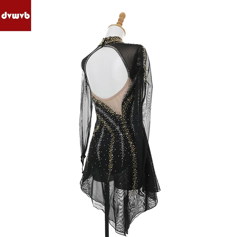 Skating Dress Performance Wear Long Sleeves Rhinestone Stretchy Sexy Figure Skating Dress