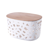 Ensemble de 3 paniers de rangement en plastique blanc pour la maison Boîte de rangement empilable avec couvercle en bambou pour étagères