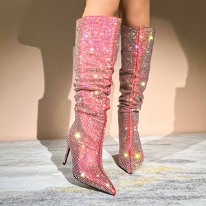 Bottes de luxe pour femmes, automne/hiver, talon aiguille occidental, à enfiler, unies, <span class=keywords><strong>plissées</strong></span>, sexy, hauteur genou - Product Image 2