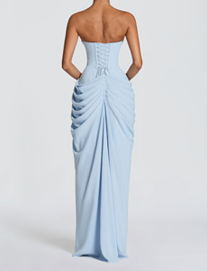 Robe longue de soirée élégante sans bretelles, froncée, avec fente haute, dos lacé, pour événements formels et mariages, avec corsage et jupe drapée, vente en gros - Product Image 4