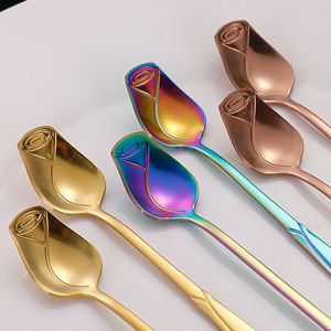 Cuchara de acero inoxidable con mango largo, diseño de rosa, pequeña, de alta estética, para postres, helados, flores y café. - Product Image 1