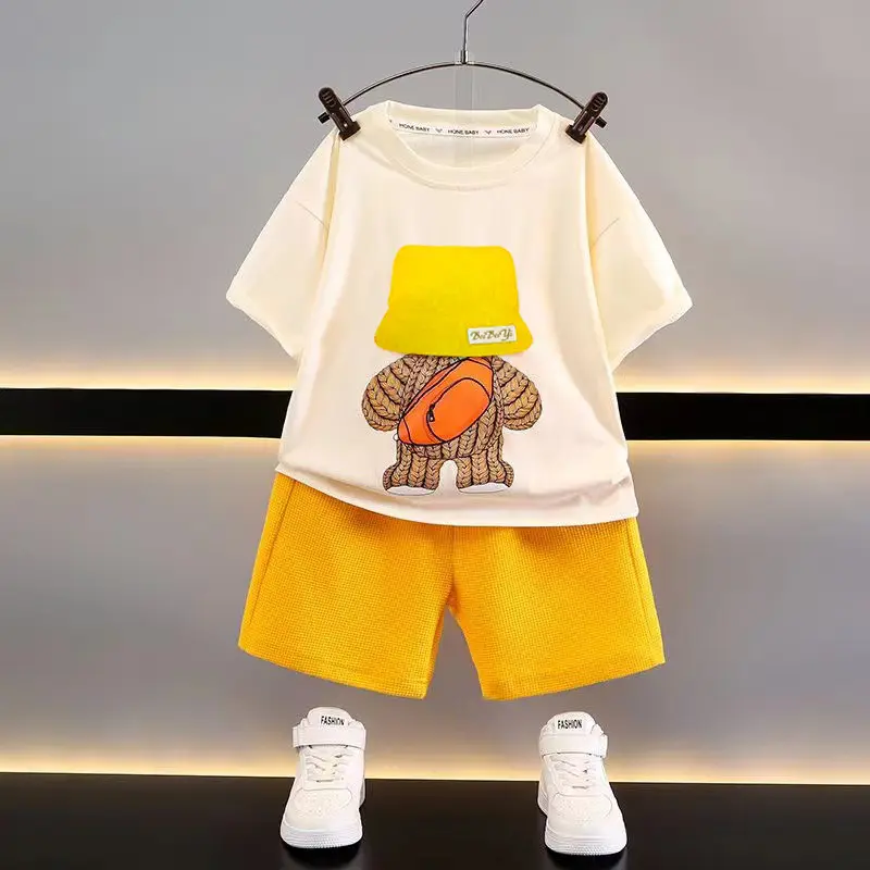 Groothandel Kinderkleding Kids Wafelkleding 2 Stuks Jongen T-Shirt Shorts Kleding Set