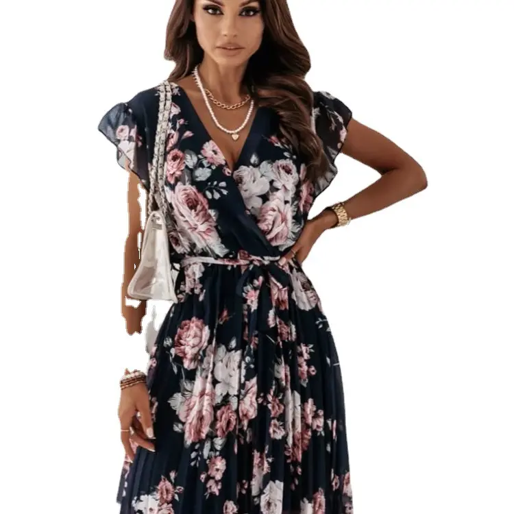 2022 summer hot women's short sleeved floral dress V-neck digital printing fashion women's Ruffle Dress