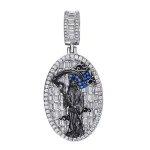 Hot Mexico Giftware Bling Hiphop Oval Baguette Rhinestone Black Saint Of Holy Death Charm Pendant