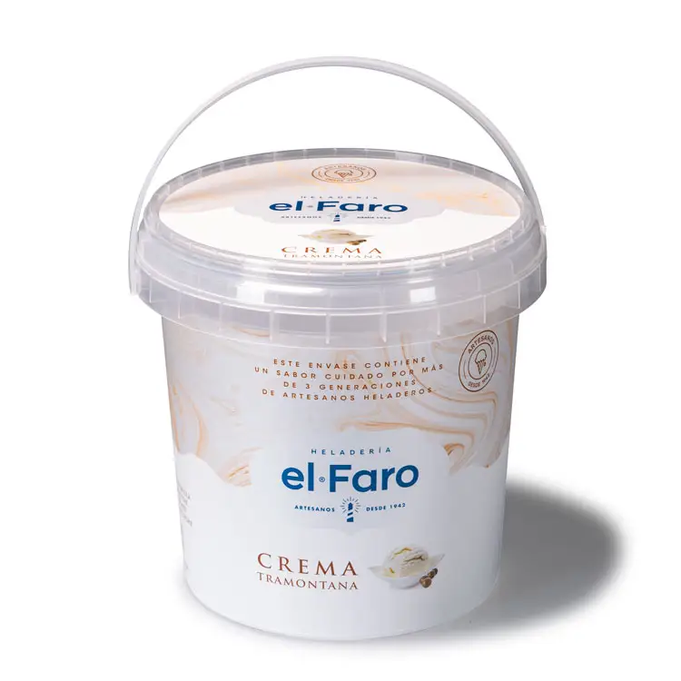 Cubo de plástico de fábrica al por mayor de la venta caliente IML color personalizado cubo de plástico de pp de hielo crema contenedor 1L con mango