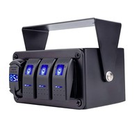 Boîtier d'interrupteurs à bascule marine 3 modules avec rétroéclairage LED bleu, interrupteur marche/arrêt 12V, panneau de commande avec voltmètre numérique USB PD QC3.0 pour bateau et camping-car