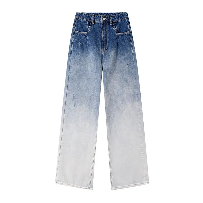 Hohe Taille Distressed <span class=keywords><strong>Jeans</strong></span> Großhandel Frauen Casual Lose Breite Bein Denim Gerade Hosen Custom Vintage Verblassen Zu Blau <span class=keywords><strong>Jeans</strong></span>