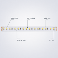 Bande lumineuse LED 12V 2835 192LEDs/m 8mm 3000K Blanc chaud IP20 Télécommande Dimmable pour éclairage intérieur d'armoires