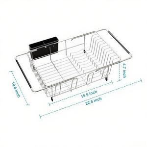 Égouttoir à vaisselle extensible en acier inoxydable pour cuisine, à poser au-dessus de l'évier, avec porte-ustensiles et organisateur de vaisselle - Product Image 4