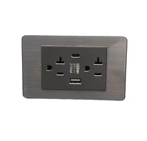 118 US Grey Stainless Steel Panel American standard T-type air conditioning socket 6 port with 2.1 A USB Type C