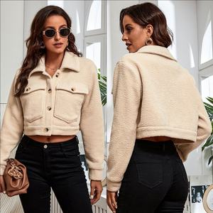 Wholesale Custom Autumn Winter Plain <b>Crop</b> Top Flannel Shirts Long Sleeve <b>Jacket</b> Coat With Pockets Women - Product Image 2