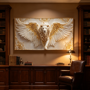 <span class=keywords><strong>Quadro</strong></span> Orizzontale 3D Personalizzato con <span class=keywords><strong>Leone</strong></span> Bianco Alato, Decorazione da Parete con Glitter Dorato per Ufficio e Casa, Stampa su Porcellana Cristallina con LED - Product Image 3