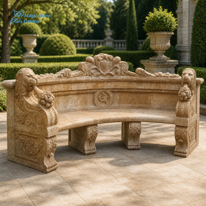 Lussuosa Panchina da Giardino in Marmo Beige Naturale, Design Europeo Curvo, Eco-Compatibile, con Sculture di Leoni e <span class=keywords><strong>Frutta</strong></span> per Decorazione Esterna di Ville - Product Image 1