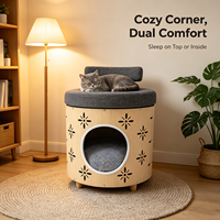Mobilier de luxe pour chien et chat en bois massif, avec lit pour animaux et tabouret, découpes florales pour la ventilation, coussin en peluche doux amovible et lavable, 2-en-1, espace de repos et de vie