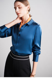 סיטונאי באיכות גבוהה חדש אלגנטי נשי חולצה תות משי חולצות נשים ארוך שרוול נשים משי חולצה - Product Image 5