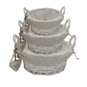 Set Of 3 White <b>Round</b> <b>Wicker</b> Storage <b>Baskets</b> With Linings 30x30x13 Cm 25x25x12 Cm 20x20x10 Cm - Product Image 1