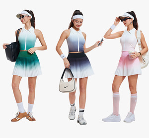 ガールズゴルフドレス ノースリーブ パッド入りポロカラーテニスシャツ ジッパー付き グラデーションプリーツスカート バドミントンウェア - Product Image 2