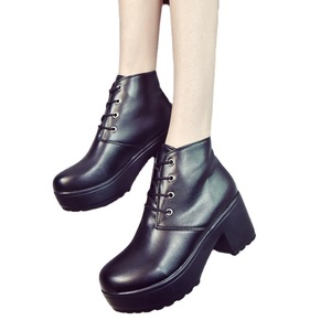 Botines de Mujer al por Mayor, Otoño, Punta Redonda, Negro Blanco, Estilo Europeo Americano, Impermeables, <span class=keywords><strong>Plataforma</strong></span>, Cordones Delanteros, Tacón Grueso - Product Image 5