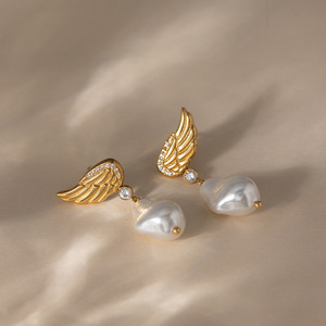 Baroque Pearl Angel Wing Drop Earrings Stainless Steel Studs Bezel Setting Everyday Wear - Product Image 4