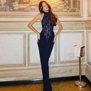 Vestido largo sexy de encaje con cuello halter y espalda descubierta <span class=keywords><strong>para</strong></span> <span class=keywords><strong>mujer</strong></span>, negro, sin hombros, sin mangas, ajustado, <span class=keywords><strong>para</strong></span> fiesta o club - Product Image 5