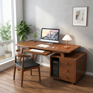 Modern Minimalist Wooden <b>Computer</b> <b>Desk</b> Set Featuring Ergonomic Chair and Spacious Side Drawers Made in Indonesia - Product Image 3