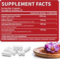 Capsules de complexe de safran, betterave, ashwagandha et curcumine, extrait végétal, soutien immunitaire pour adultes, gestion de l'énergie, OEM
