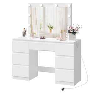 Table de maquillage haut de gamme avec plateau en verre blanc, miroir LED réglable, table de toilette moderne avec tiroirs et 2 prises - Product Image 1
