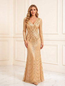 <span class=keywords><strong>Robe</strong></span> de soirée sirène à sequins dorés, col en V, manches longues, longueur au sol - Product Image 1
