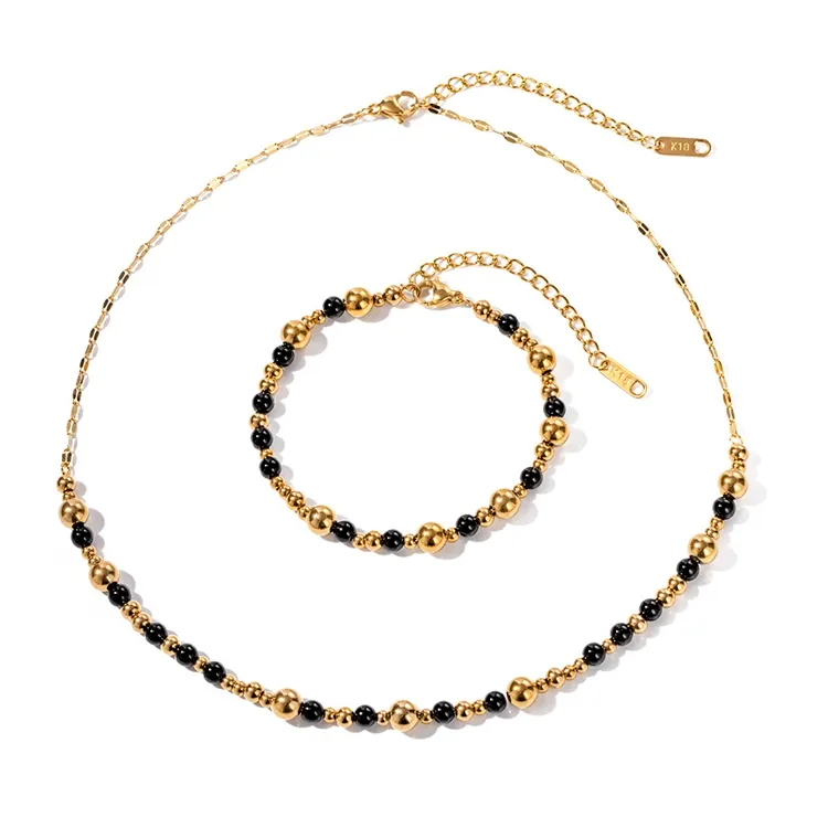 Kalung dan gelang perhiasan gelang manik-manik batu permata baja tahan karat berlapis emas 18k hitam dan perhiasan