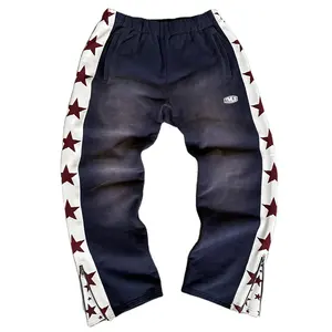 Custom 100% Cotton Fleece Acid Washing Sweatpants Knit Stars Fabric Streetwear zipper Ankle Pants with Rubber tag for men