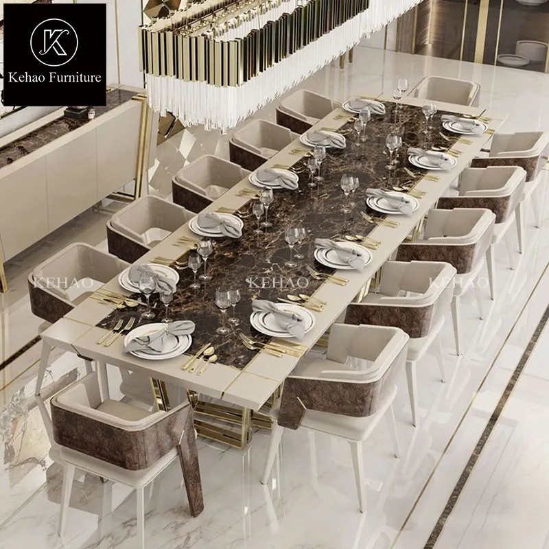 Ensemble de salle à manger moderne en bois et marbre, 12 chaises, meuble de table de luxe rectangle, ensemble de table à manger 12 places
