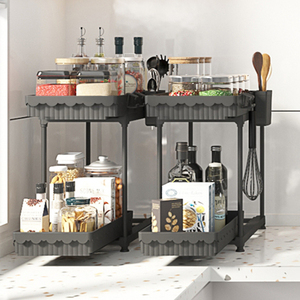 Organizador debajo del fregadero para espacios estrechos, estante de plástico de 2 niveles <span class=keywords><strong>con</strong></span> cesta mediana, espacio eficiente - Product Image 4