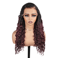 T1B/99J Wig tanpa lem keriting Burmese besar rambut manusia, Wig renda depan dengan ikal tebal & Ombre merah anggur cerah