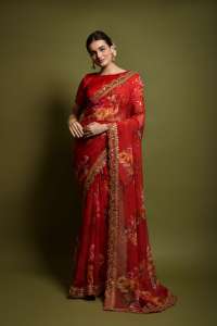 Georgette <b>Saree</b> With Unstitched <b>Blouse</b> Embroidery Cut Work Lace Border Heavy Bengalori Sartin <b>Saree</b> for Womens - Product Image 1