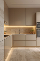 Meubles de cuisine contemporains ouverts de style artisanal, beige, sans poignées, avec appareils électroménagers intégrés, design antique, crédence en contreplaqué et évier