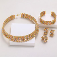 Conjunto de Joyería Nupcial Marroquí de Lujo Vintage de Oriente Medio con Collar, Brazalete, Anillo y Pendientes de Circonita Cúbica