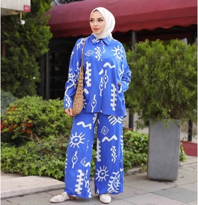 R-235 all'ingrosso 2024 Turkish Islam Set motivo geometrico Muslim camicetta e <span class=keywords><strong>pantaloni</strong></span> Casual nero Abaya - Product Image 6