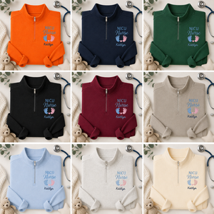 Sweat-shirt personnalisé écologique tissé pour infirmière de soins intensifs néonataux (SIN) avec broderie personnalisée RN et empreinte de bébé, à fermeture éclair quart de tour - Product Image 6