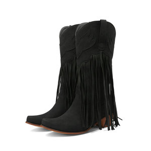 Bottines Western Cowboy <span class=keywords><strong>en</strong></span> Faux Suédine PU Confortables pour Femmes, Bout Pointu, Broderie, Talon Haut, Automne Hiver, Bottines à Pompons - Product Image 2