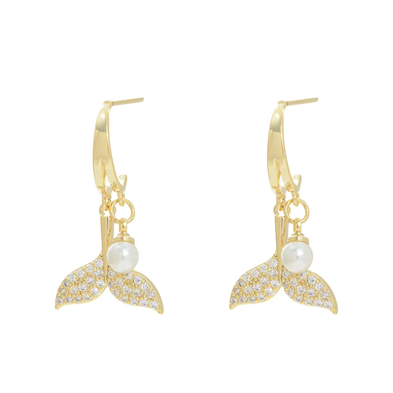 ED89571 Korean india earings fashion gold plated women jewelry pearl whale tail drop stud earrings